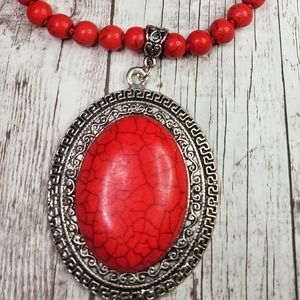 Faux red coral western stone necklace set